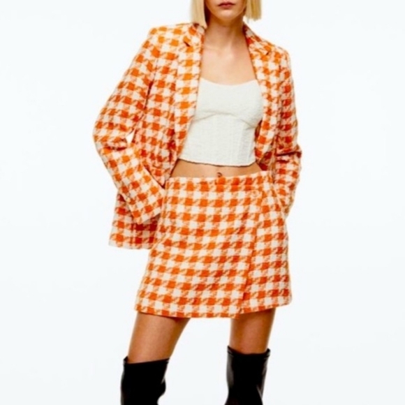 H&M Set Hounstooth Blazer S + Faux Wrap Mini Skirt 14 Orang/white Patterned Nwt - Picture 3 of 10